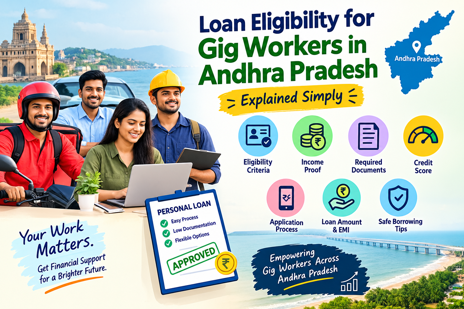Loan eligibility for gig workers in Andhra Pradesh explained simply, featuring delivery partners, drivers, and freelancers, with illustrations of income proof, required documents, credit score, loan application process, EMI planning, and safe borrowing ti